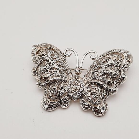 Vintage Silver Tone Clear Rhinestone Butterfly Brooch Pin - 2 1/8 Inches - Picture 5 of 10